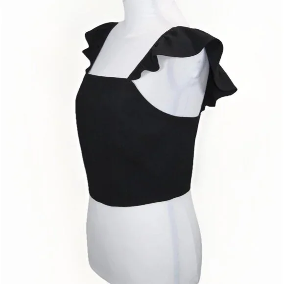 Alice + Olivia Celestia Flutter sleeve crop top Ruffle Sleeveless black size 6 - Picture 3 of 7
